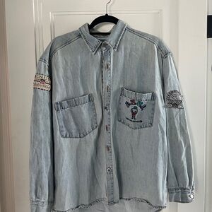 Embroidered Denim Shirt - Light Blue